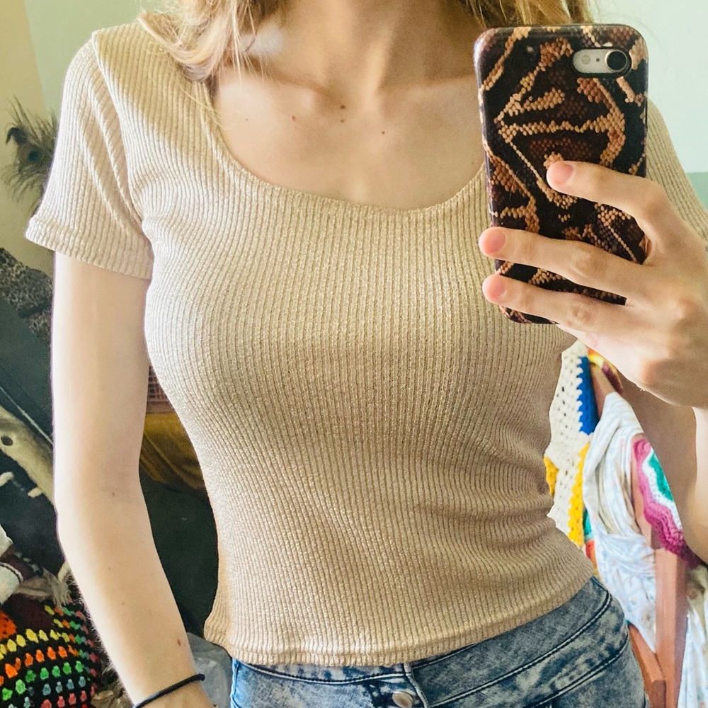 90s Tan Sparkle Crop Scoop Neck Top